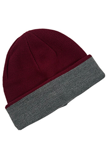 Sofist İstanbul Burgundy & Gray Double-Sided Unisex Folded Solid Color Winter Beanie