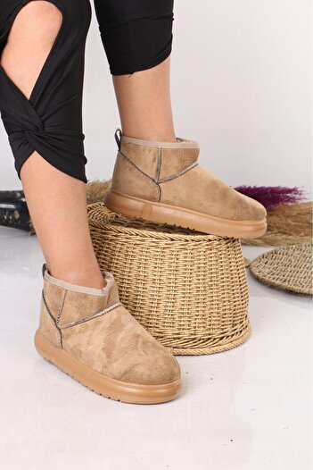 Parparastil Mirano Women's Beige Suede Fur Comfortable Fit Short Boots