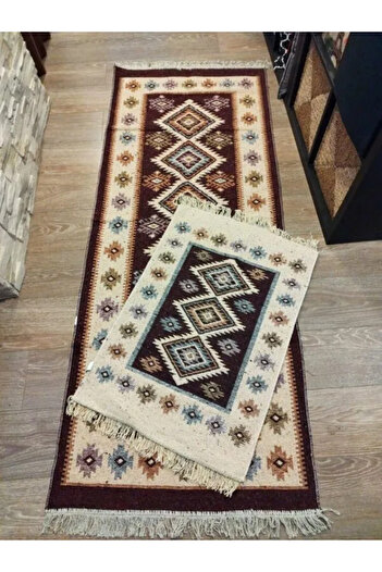 OEM 1+1 Traditional Woven Rugs, Double-Sided, Size 100×200+60 X 90 cm Brown and Cream, ROMB Model