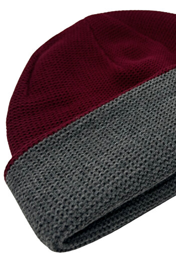 Sofist İstanbul Burgundy & Gray Double-Sided Unisex Folded Solid Color Winter Beanie