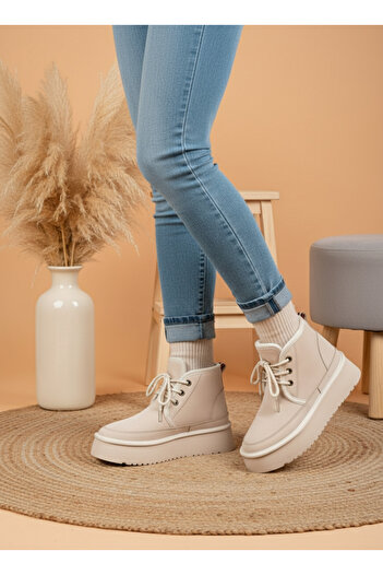 FOLLOWIN Women's Fur Lined Lace-Up Thick Sole Comfortable Short Boots - Beige