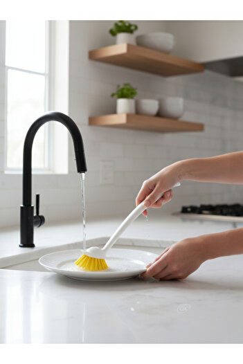 TAGESAN Suction Cup Dish Brush Wall-Sticking Yellow and White Modern Design Pot and Sink Cleaner