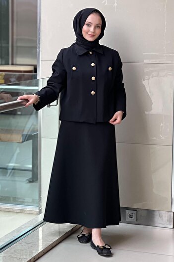 Ghisa Ghlsa Gold Button Detailed Short Jacket Skirt Set