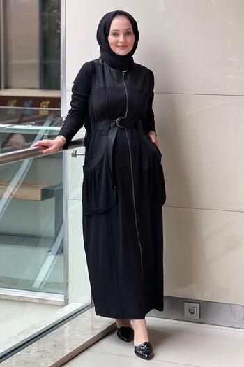 Nurcan Çetin Pocketed Belt Bag Belted Zippered Full-Length Vest