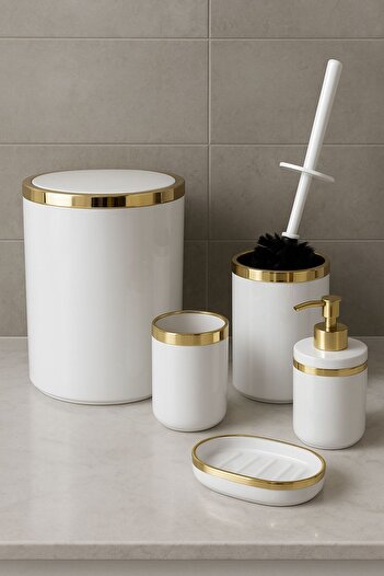 ORUÇ BEY 5 Piece Luxury Wc Set Gold Detailed Modern Bathroom Accessory Set