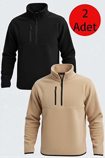 OTAKU 2 Pieces Men's Half-Zip Pocket Fleece Sweatshirt