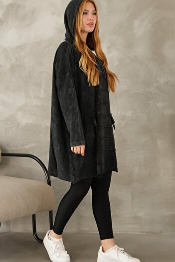AYASOFYA OTANTIK Women's Black Hooded Distressed Oversized Loose Long Knit Blouse Tunic