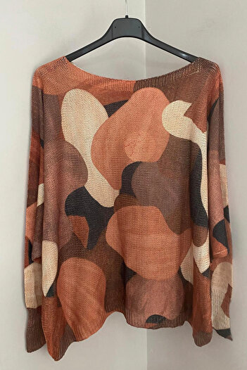 AYASOFYA OTANTIK Women's Italian Cinnamon Glitter Desert Camouflage Patterned Batwing Sleeve Mercerized Blouse Sweater