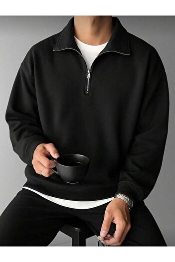 DEZZİİ Black Stand Collar Plain Oversize Pullover Sweatshirt