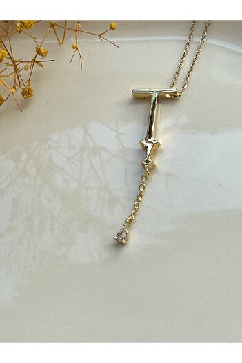 Blotch Far City Popular Dangling Zircon Stone Detailed t Letter Steel Necklace 2 cm