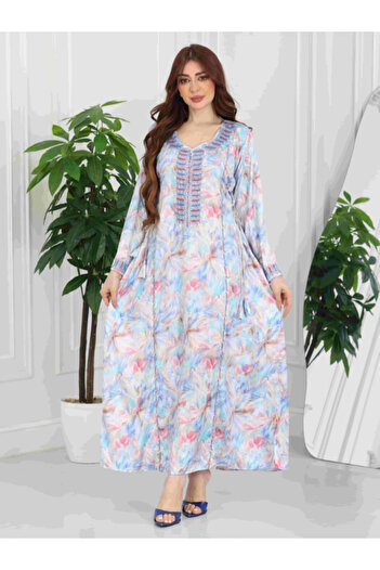 Nice Model Floral Embroidered Silk Maxi Dress Long Sleeve Loose Fit Elegant Home Kaftan Pastel Print Gown