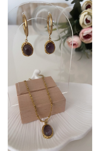 TARZ-I TAKI (3 Piece Steel Set - Earrings and Necklace) Steel Vintage Design Purple Real Amethyst Stone Necklace & Earrings