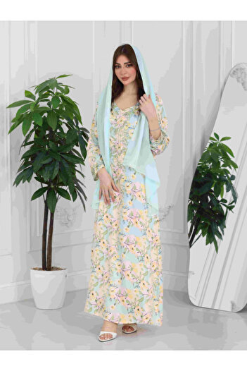 Nice Model Pastel Floral Maxi Dress Long Sleeve Embroidered V-Neck Kaftan with Matching Scarf Spring Summer