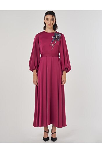 Kayra Sequin Embroidered Satin Dress Cherry