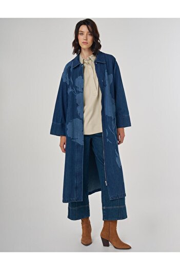 Kayra Laser Printed Denim Trench Coat Navy Blue
