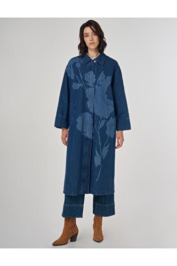 Kayra Laser Printed Denim Trench Coat Navy Blue