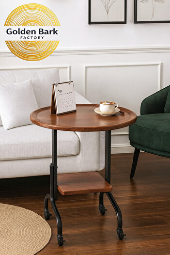 Golden Bark Modern 2-Shelf Side Table - Wooden Coffee Table with Metal Frame and Wheels