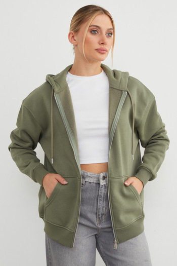 Fulla Moda 3 Thread Basic Zippered Hooded Oversize Sweatshirt