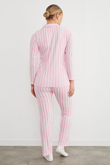 Fulla Moda Pembe Çizgili Süet Pijama Takımı