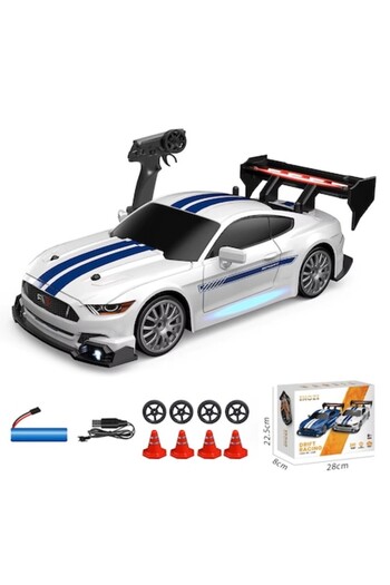 OEM RC Remote Control Car, Silver Mustang, Drift car, 30km/h, 4x4, LED lights, interchangeable tires