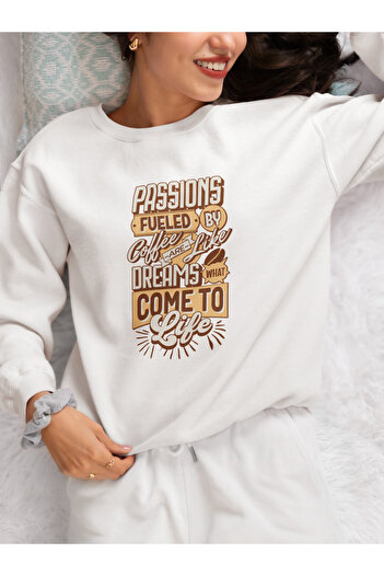 MAGORS Dreams Fueled Coffee Printed Cotton Long Sleeve Ribbed 3-Ply Circular Neck Sweatshirt