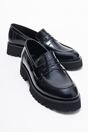 LuviShoes Vionel Black Patent Leather Genuine Leather Women's Loafer Shoes
