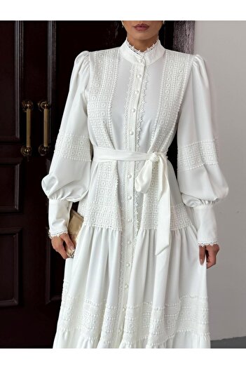 suphias Lace Detailed Lined & Belted Atlas Fabric Dress