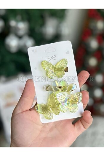 QUEEN AKSESUAR 3-Piece Hologram Shiny Butterfly Hair Clip Set with Yellow Green