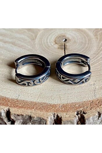 Viking Vintage Tribal Antique Design Hoop Threaded 316L Tarnish-Free & Stainless Steel Earrings