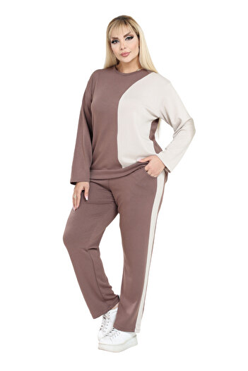 MELSAY Women's Plus Size Brown-Ecru Garnished Modal Tracksuit Set