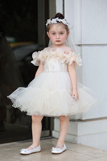 MİSS RAİN Front and Skirt with Ruched Waist, Stone Detail, Ruffled Satin Tulle Girl's Evening Dress