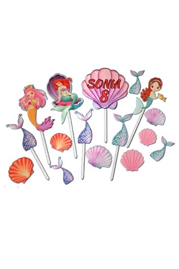 OEM Set 16 cake toppers for Ariel and other mermaids birthday - wood/MDF, UV print