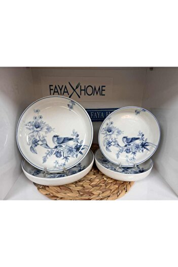 FAYA HOME Güral Porcelain 1891 Bird Pattern 4 Pieces Salad Plate Appetizer Plate Presentation Plate (19 cm & 23 cm) Deep Plate