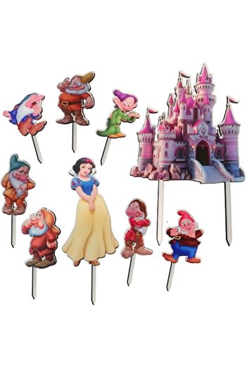OEM Set of 9 cake toppers for Snow White and the 7 dwarfs birthday - wood/MDF, UV print