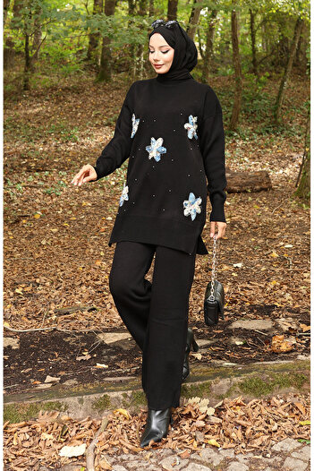 sefamerve Knitwear Floral Detailed Tunic Trousers Double Set 1006-09 Black