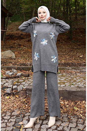 sefamerve Knitwear Floral Detailed Tunic Trousers Double Set 1006-08 Gray