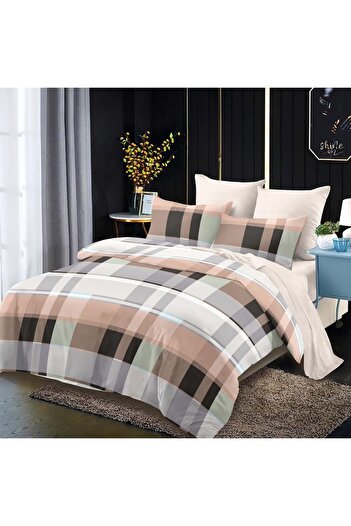 OEM Bed linen, 2 people, fine, 6 pieces, cream and brown, with lines and checks, LF320