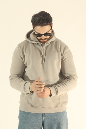 EydaMoon Men's Basic Winter Fleece-Lined Sweatshirt - Stone Regular Kangaroo Pocket Hoodie
