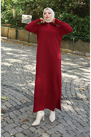 sefamerve Knitwear Turtleneck Dress 0511-06 Claret Red