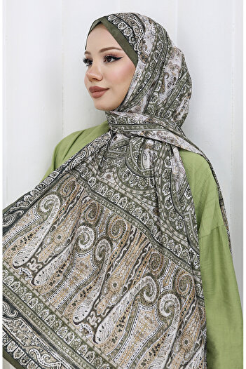 sefamerve Ethnic Pattern Voile Shawl 70303-05 Khaki