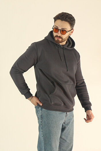 EydaMoon Men's Basic Winter Soft Textured Sweatshirt - Dark Smoked Regular Kangaroo Pocket Hoodie