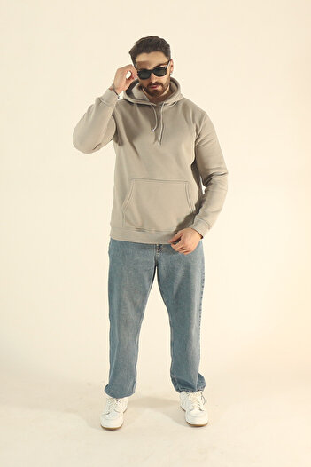 EydaMoon Men's Basic Winter Soft Textured Sweatshirt - Stone Regular Kangaroo Pocket Hoodie