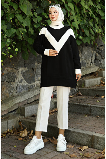 sefamerve Knitwear V Pattern Garnished Tunic 3017-04 Black
