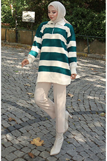 sefamerve Knitwear Color Block Zippered Tunic 3003-09 Petrol
