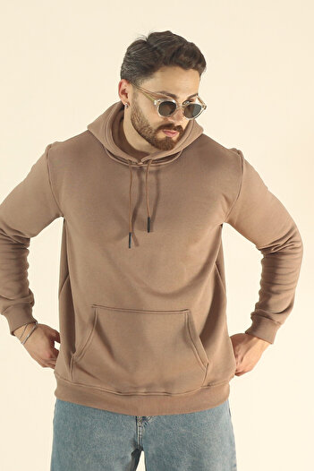 EydaMoon Men's Basic Winter Soft Textured Sweatshirt - Brown Regular Kangaroo Pocket Hoodie