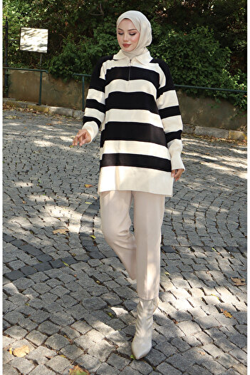 sefamerve Knitwear Color Block Zippered Tunic 3003-10 Beige Black