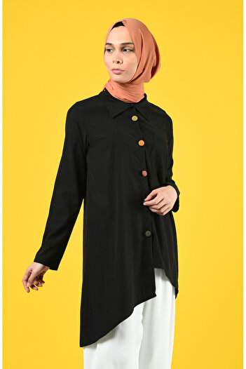 sefamerve Colorful Buttoned Asymmetrical Tunic 4700-01 Black