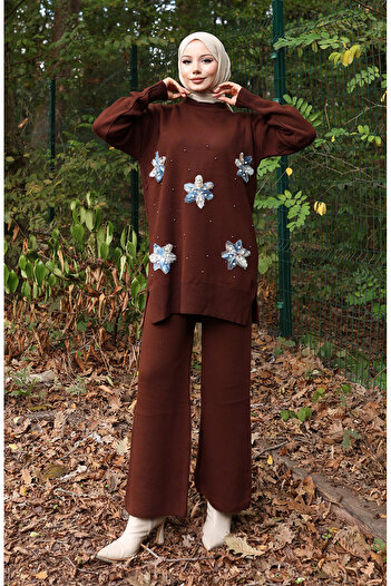 sefamerve Knitwear Floral Detailed Tunic Trousers Double Set 1006-05 Brown