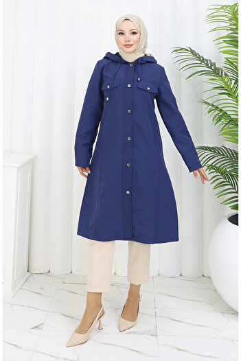 sefamerve Bondit Fabric Hooded Trench Coat 0185-05 Navy Blue