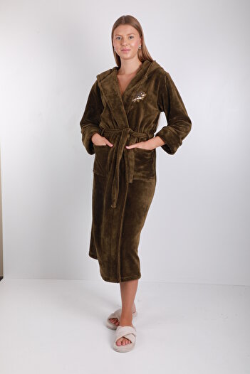 Wild Love Women's Hooded Embroidered Bamboo Long Dressing Gown / Bathrobe